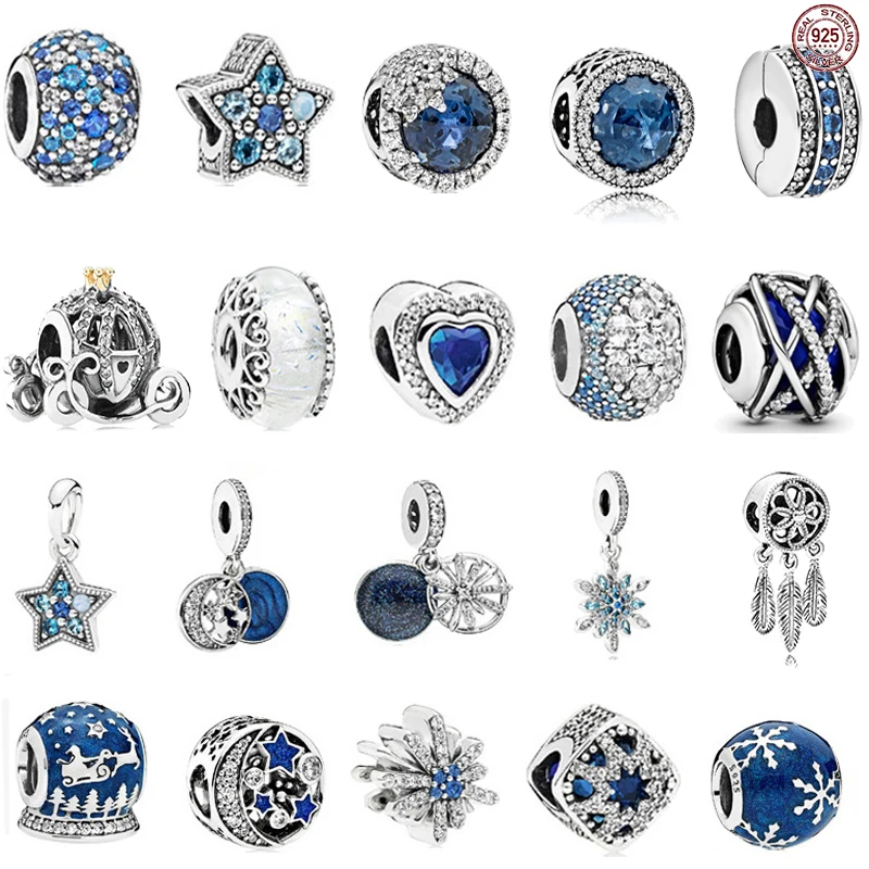 

High quality S925 sterling silver blue series hot air balloon snowflake pendant fit original Pandora bracelet DIY gift