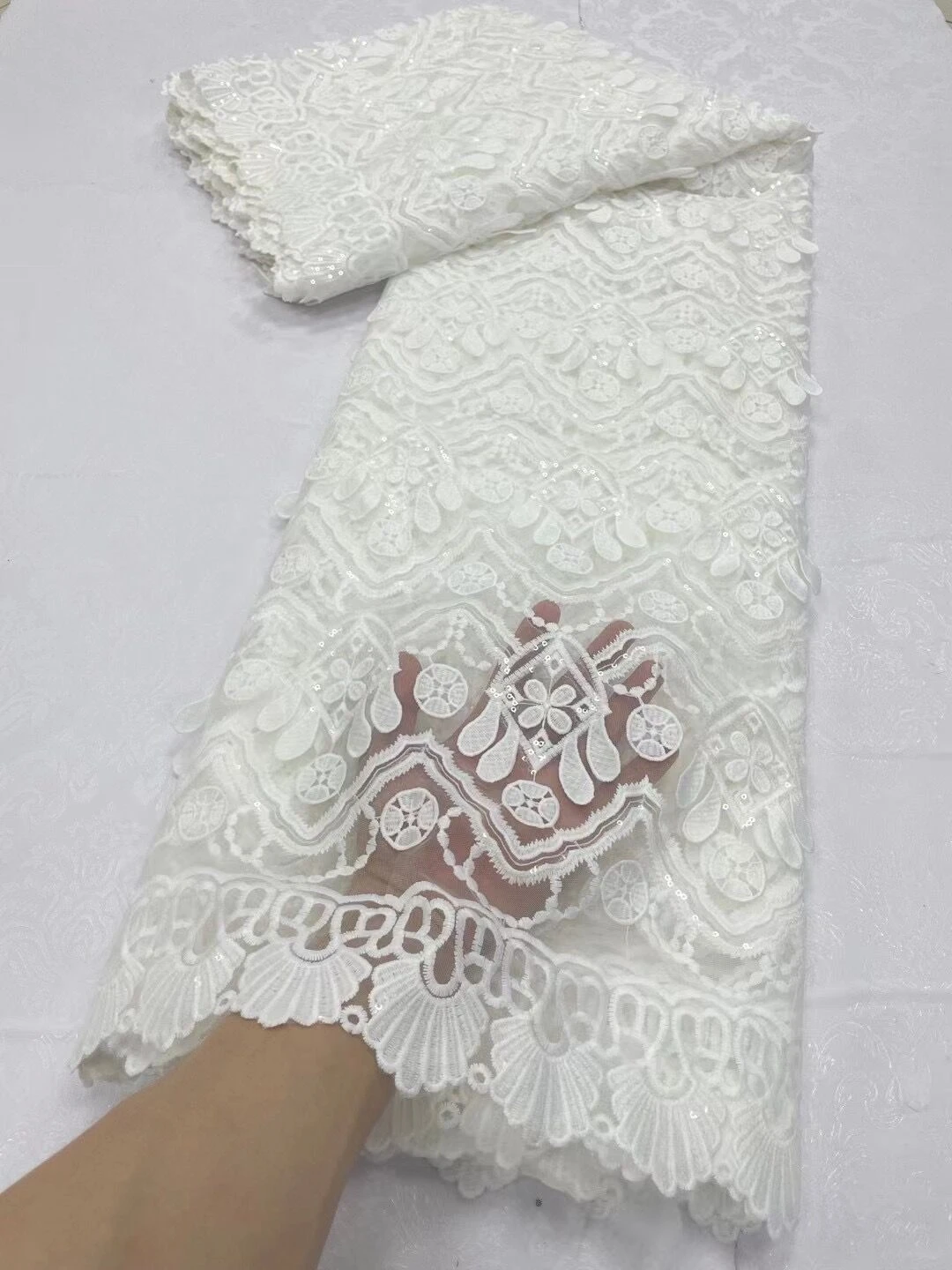 

2024High Quality African Nigerian Lace Fabric Embroidery Tulle Pure Wedding Party Dress Guipure SequinsFor Sewing Beads 5yards