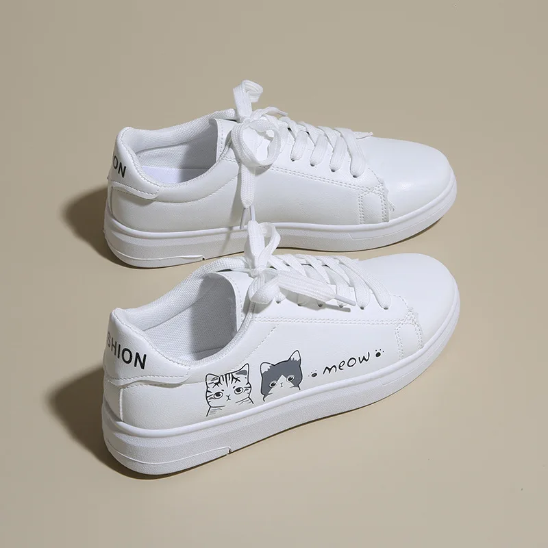 Women Sneakers Fashion Breathble Vulcanized Shoes Pu Cute Cat Cartoon Lace Up Casual White Women Shoes Zapatos De Mujer Female