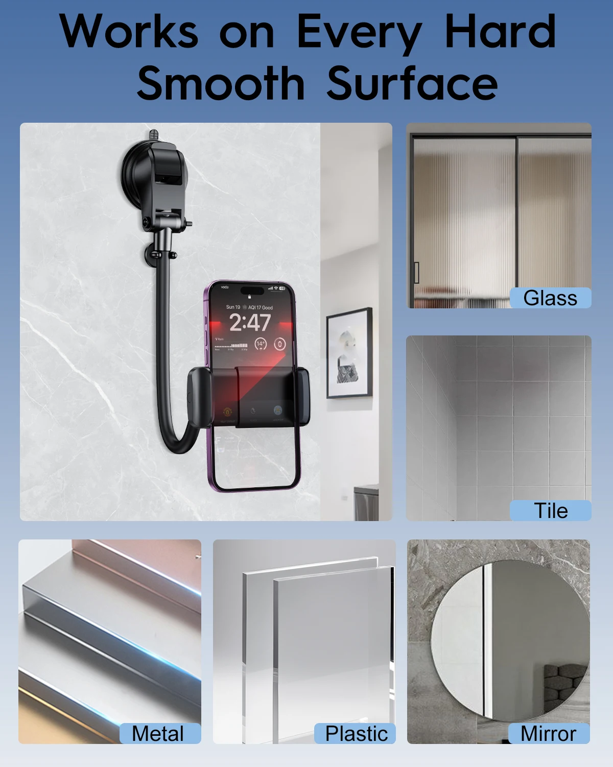 Eary Phone Holder Mount For Wall Adjustable Long Arm Suction Cup Phone Stand Support For Kitcten Window Batehroon Makeup Mirror