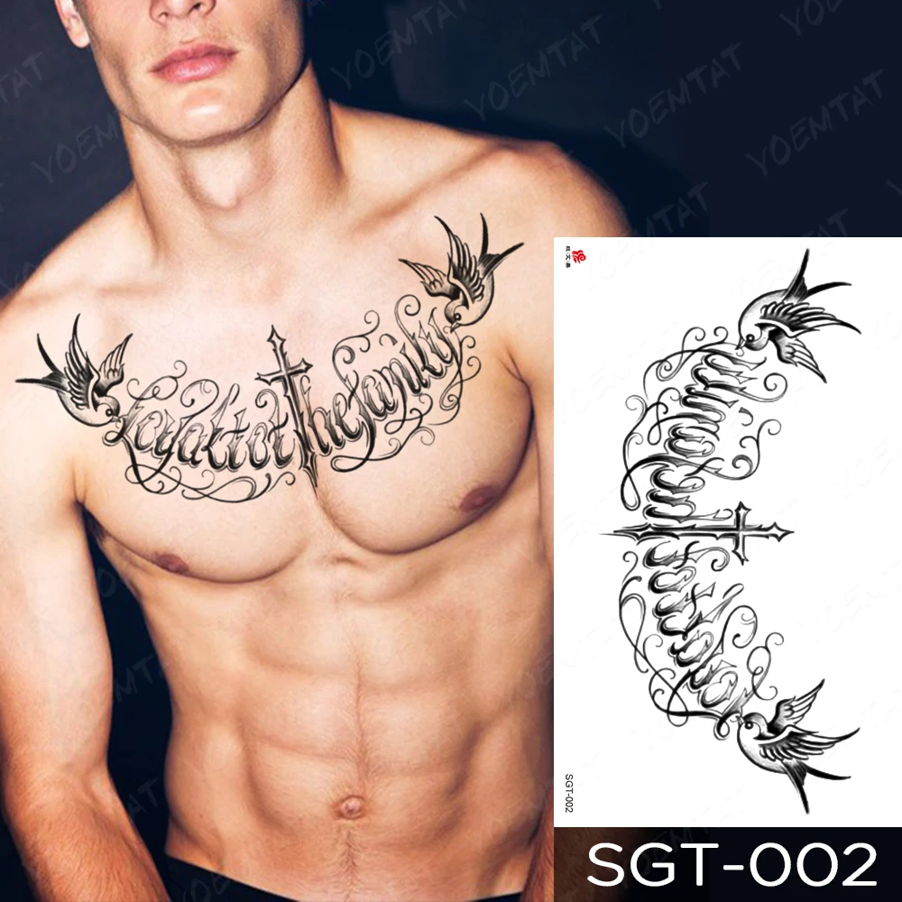 Large Chest Tattoo For Men Gothic Cross Bird Waterproof Temporary Tatoo Sticker Clavicle Waist Back Art Designs Women Fake Tato