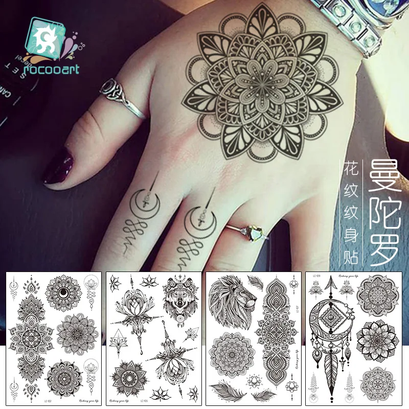 Black Tattoo Retro Handback Pattern Datura Flower Collar Temporary Tattoos Sticker Size:210*150mm