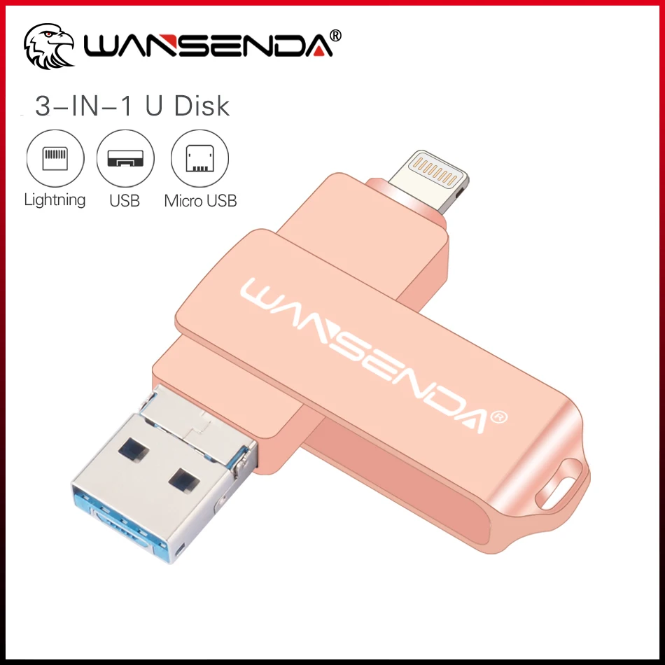 

WANSENDA OTG USB Flash Drive Pen Drive 128GB 64GB 32GB 16GB 8GB USB Stick Flash Disk 3 in 1 Pendrive for iPhone/Android/PC