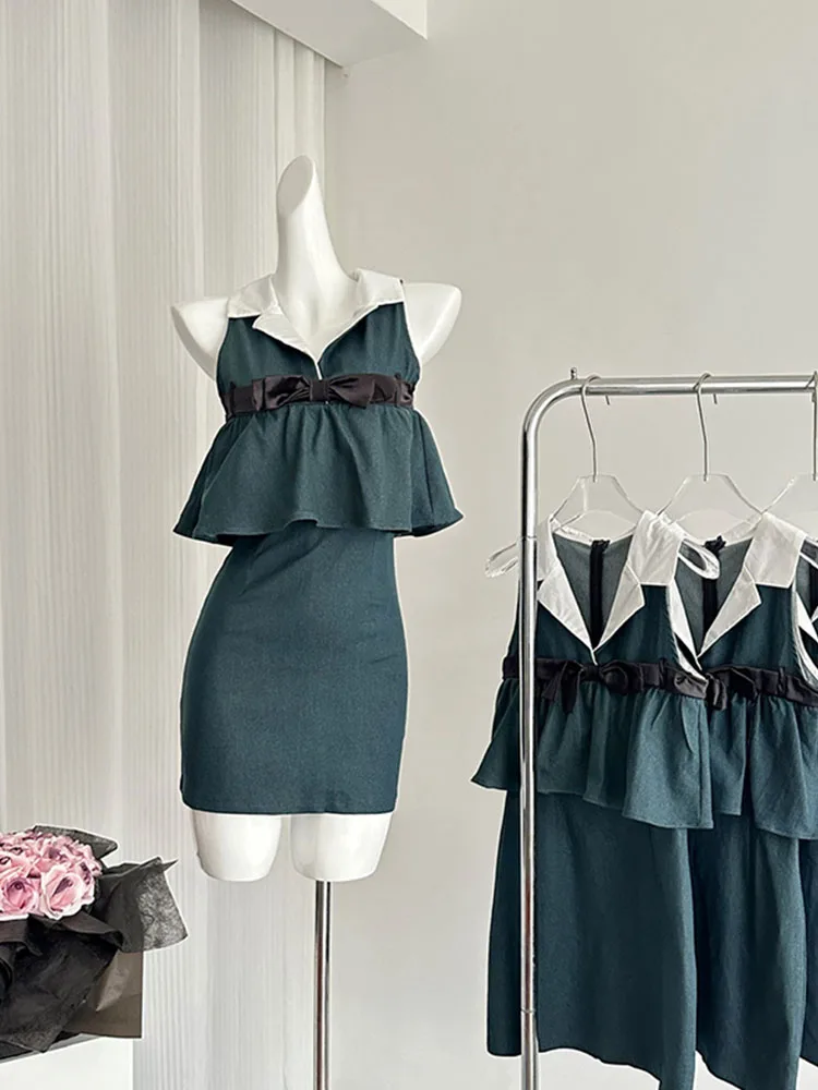 

French Elegance Green Denim Dress Thin Party Prom A-Line Dress Sleeveless Kpop Bow Corset Dress 2000s Aesthetic Sweet Streetwear