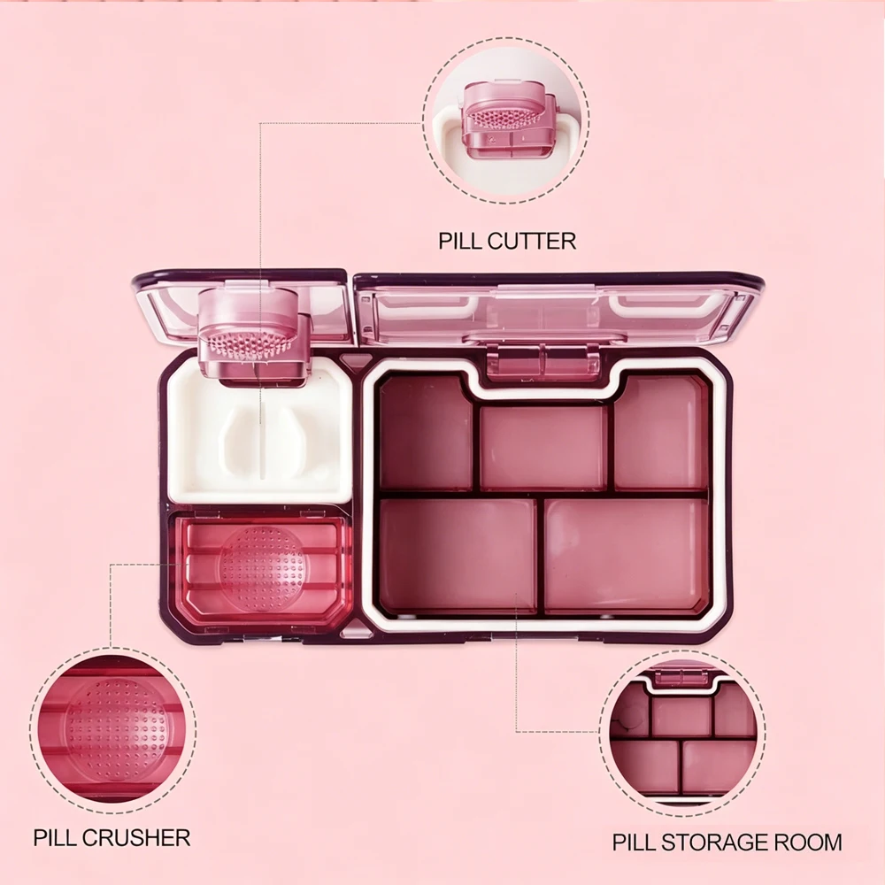 Compact Pill Organizer with Cutter and Crusher - Travel-Friendly Medicine Holder for Vitamins and Supplements