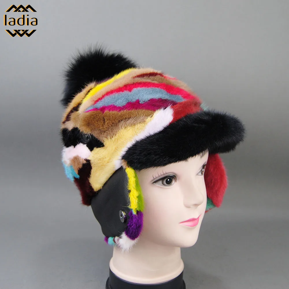 New Winter Hat For Women With EarsThick Warm Visor Horse Tail Baseball Cap Windproof Soviet Russian Casual Real Mink Fox Fur Hat