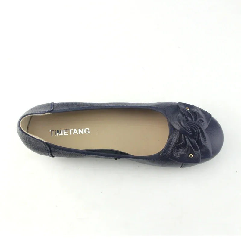 TIMETANG Plus Size Spring Autumn Genuine Leather Women Flats Work Classi Fashion Bowknot Female Casual Ballet Shoes
