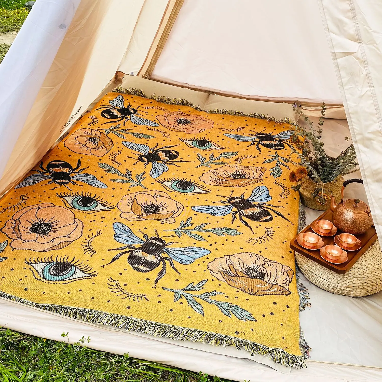 Yaapeet Bee Evil Eye Blanket Cotton Beach Towel Camping Mat Picnic Rug Demon Eye Home Sofa Throw Blanket Outdoor Tent Decor