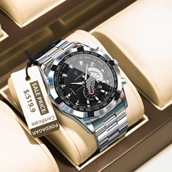 POEDAGAR Men's Stainless Steel Waterproof Quartz Wristwatch with Luminous Display and Calendar (1801 Silver Black)