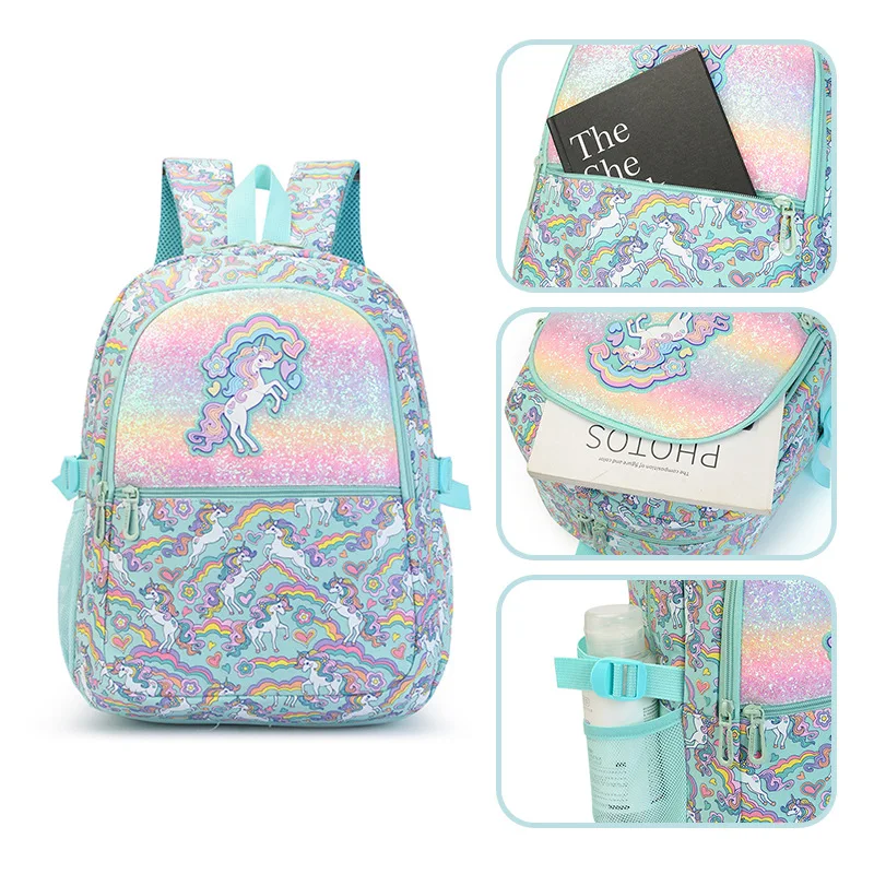 3pcs/set Rainbow Unicorn Backpack Multi Pocket Large Capacity School Daypack For Girls Teens 4