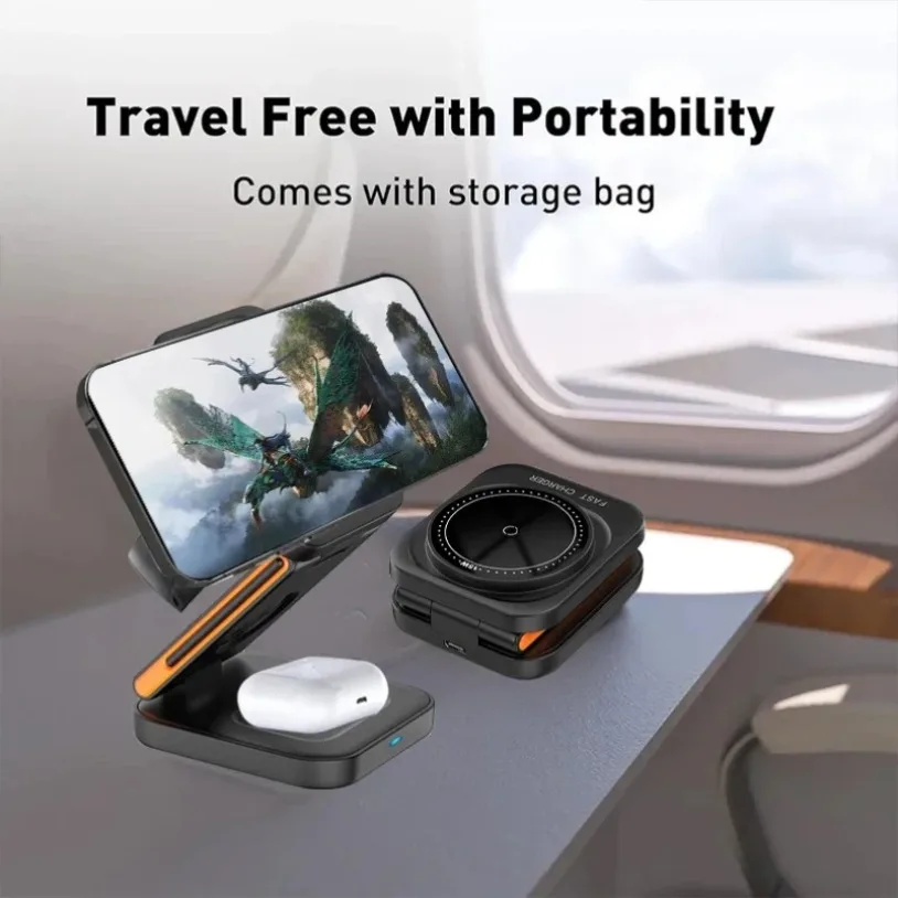 VIKEFON 30W 3 in 1 Foldable Charging Station Fast Magnetic Wireless Charger Stand for iPhone 16-12 Apple Watch 8 7 6 Airpods Pro