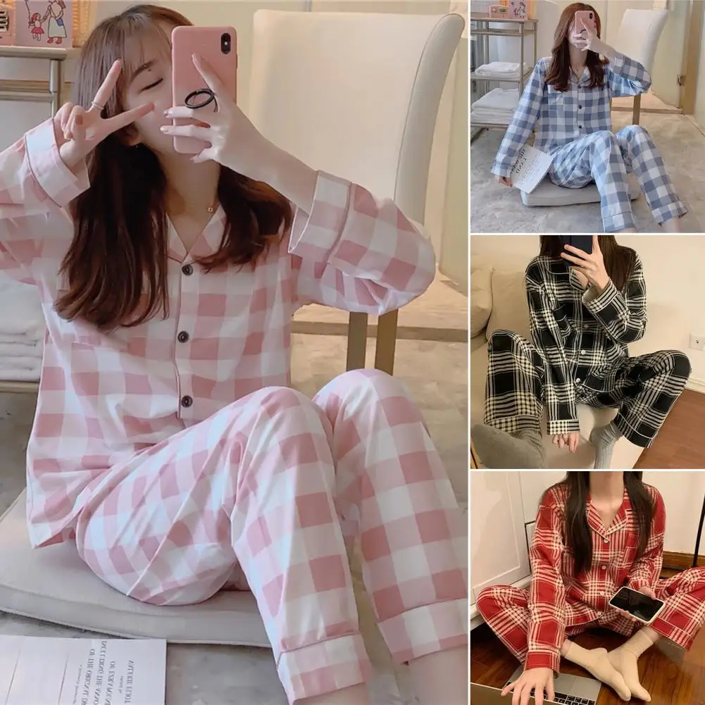 

Loose Fit Pajama Set Plaid Print Women's Pajama Set with Long Sleeve Shirt Wide Leg Pants for Spring Summer Sleepwear Plaid