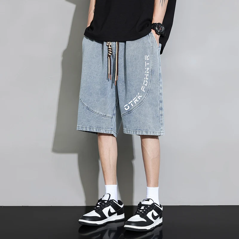 Fashion Spliced Printed Letter Casual Denim Shorts Men's Clothing 2024 Summer New Loose Elastic Lace Up All-match Knee Shorts