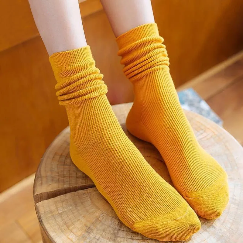 

Women Socks Japanese Fashion Cotton Knitting Crew Socks Casual Solid Color Colllege Style School Girls Loose Long Socks Women