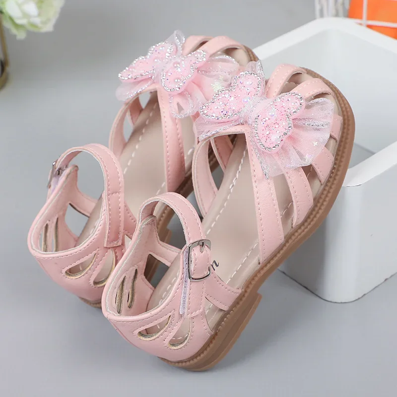 2025 Summer Girls Sandals Princess Beach Shoes Cut-outs Kids Sandals Crystal Butterfly Lace Sweet Soft Breathable Anti-kick Cute