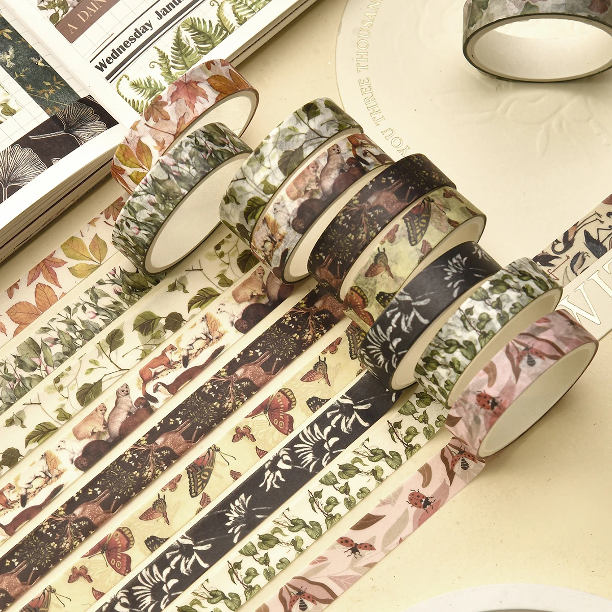 5 롤/박스 포레스트 플랜트 프린트 와시 테이프 세트 DIY 스크랩북 일기 사진 앨범 공예 용품을 위한 장식 마스킹 테이프