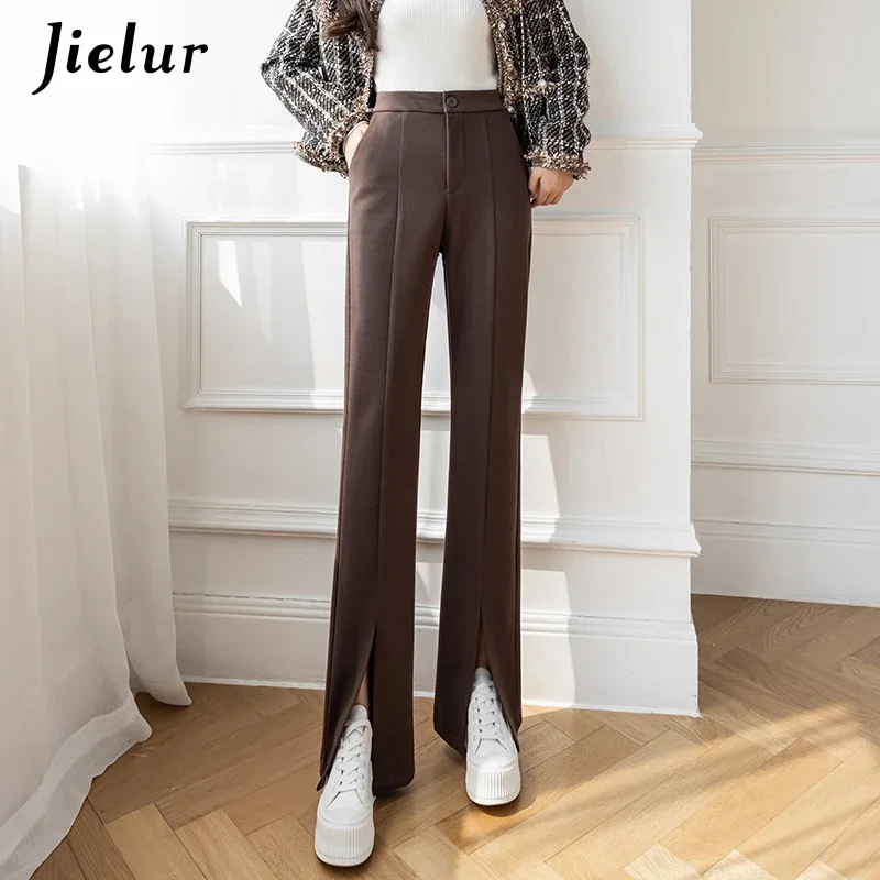 Jielur Winter Fashion Split Women's Pants High Waist Coffee Black Trousers Office Lady Straight Leisure Woolen Long Pants S-XL