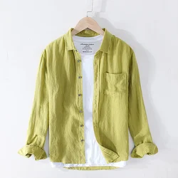 Pure Linen Shirts for Men Long Sleeve Casual Turn-down Collar Basic Classic Tops Male Fashion Solid Color Retro Clothing 2022