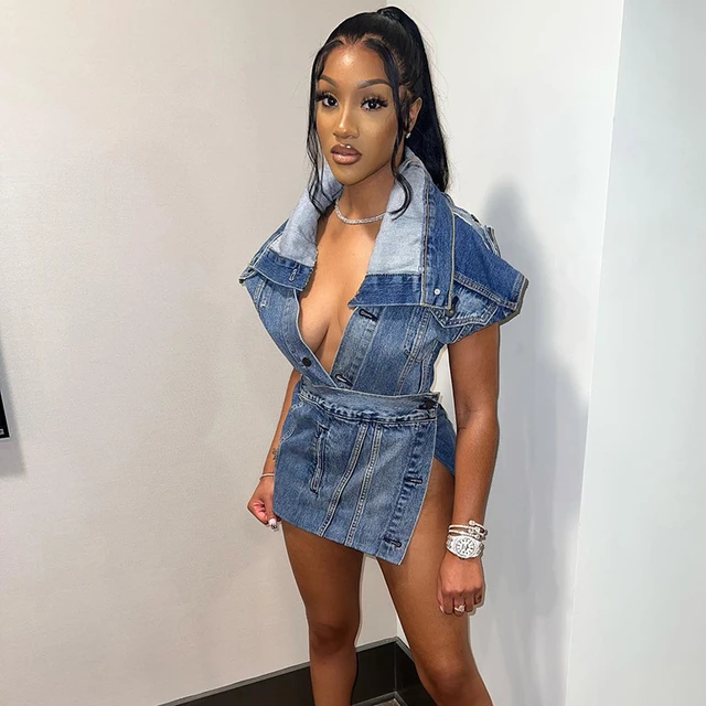 Sexy High Slit Mini Denim Dress Women Fashion Deep V Neck