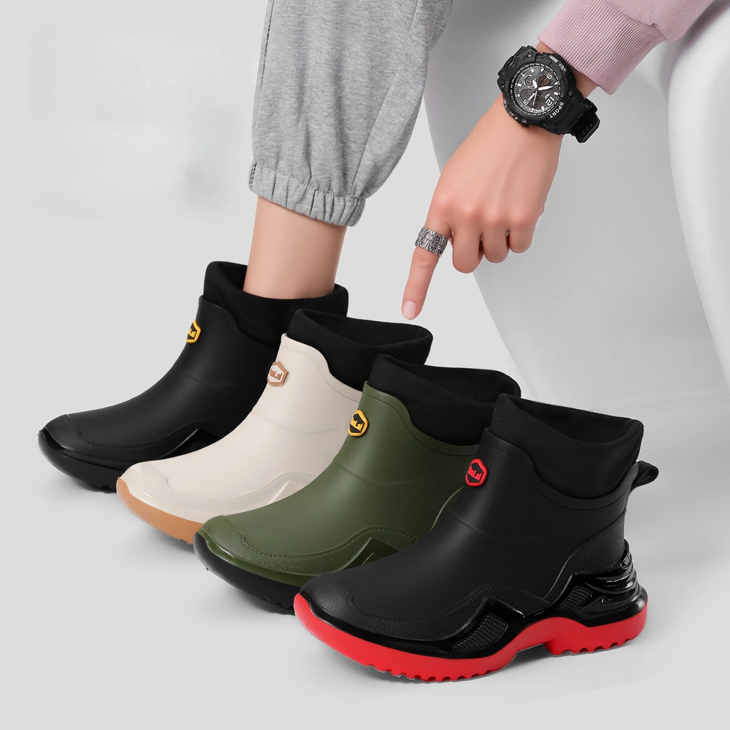 Men's Outdoor Short Rain Boots Thickened Anti-slip Wear-resistant Non-slip Plastic Boots Korean Style Black Red Trendy Shoes2026