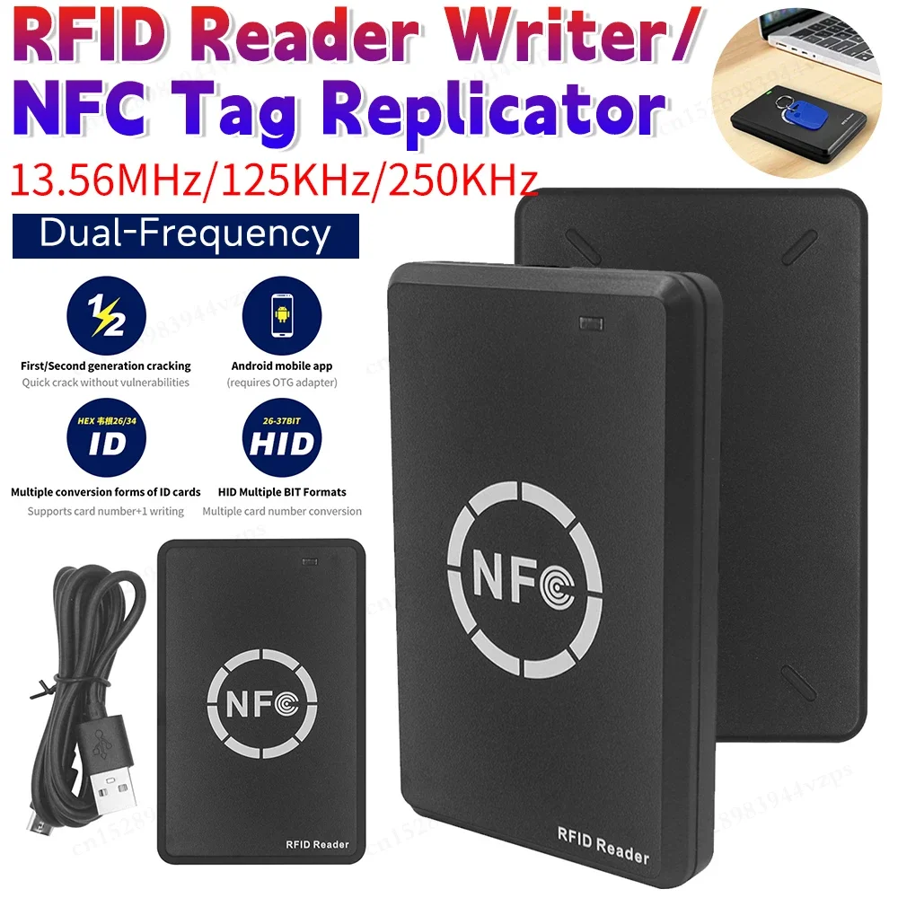 Copieur RFID NFC, graveur de cartes intelligentes, clé, étiquettes NFC, décodeur de cartes, programme crypté 13.56MHz, duplicateur d'étiquettes de cartes 125KHz