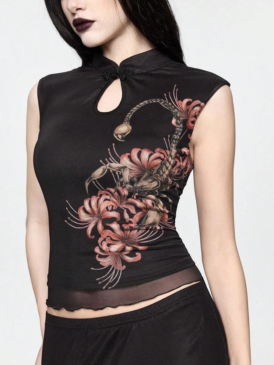 Damen-Set mit Dunklem Skorpion-Print im Neuen Chinesischen Stil: Wästchen und Halbrock im Gothic-Stil, Harajuku-Ästhetik, Klassisches Cheongsam-Set – Detail 10