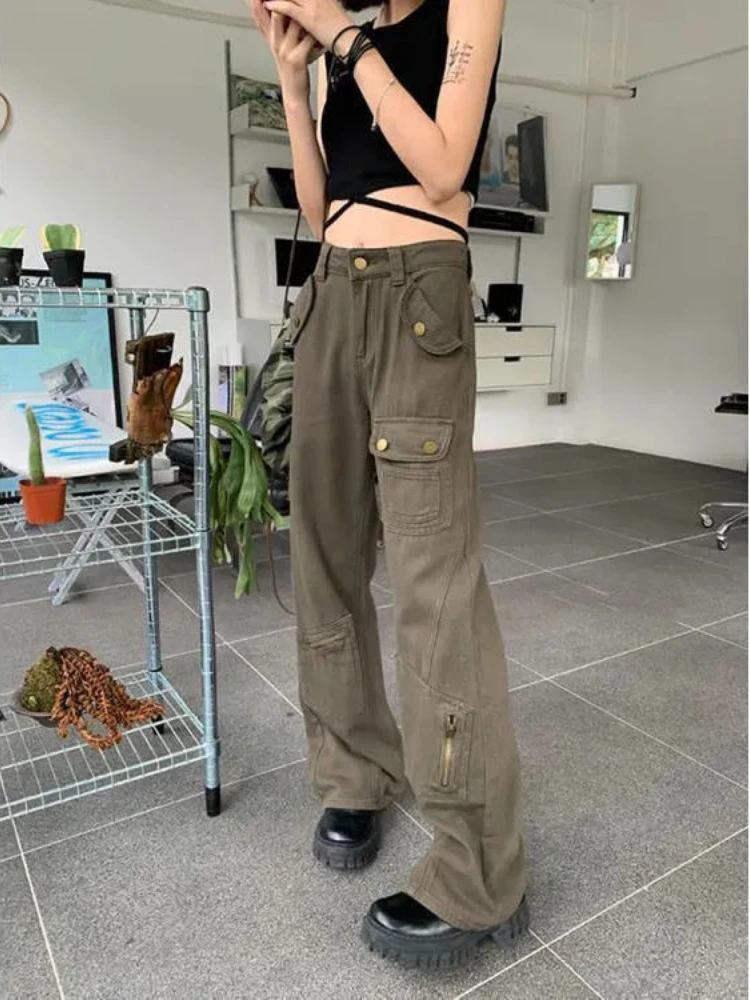 Deeptown Vintage Kpop Green Cargo Pants Women Y2k Hippie Oversize Jeans Korean Fashion Streetwear Wide Leg Baggy Denim Trousers