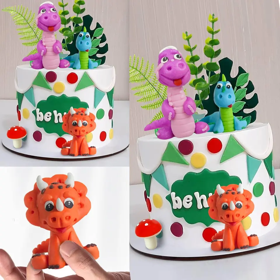 Decorazioni per torte con dinosauro, decorazioni per torte con tre Rex per ragazza, forniture per feste di compleanno per il terzo compleanno di dinosauri Glitter rosa