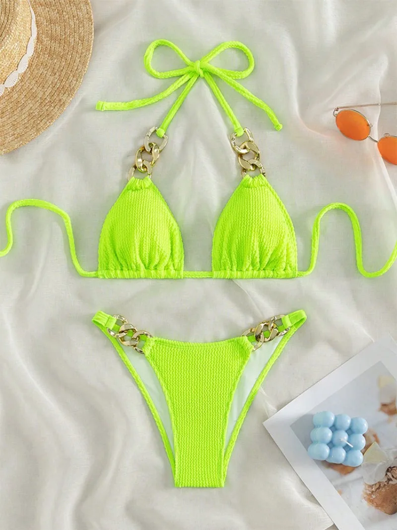 

Sexy Women fluorescent green string metal tie halter bikini sets two pieces thong swimsuit Swimwear bathing suit beach outfits