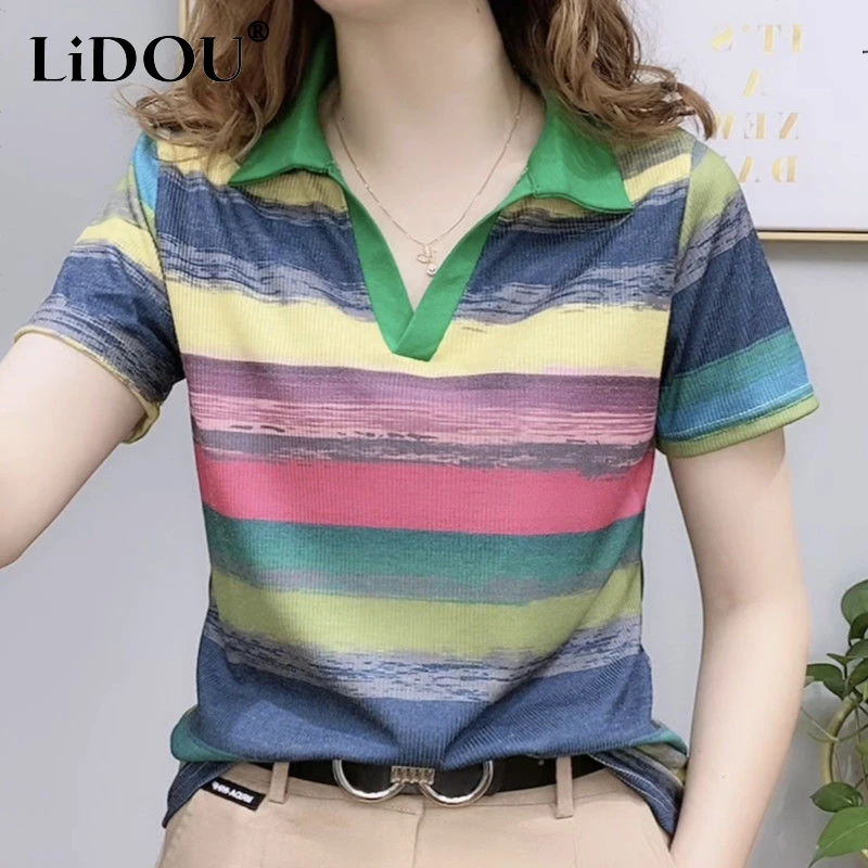

Summer Polo-neck Rainbow Striped Patchwork T-shirt Ladies Short Sleeve Streetwear Loose Casual Top Women's Fashion All-match Tee