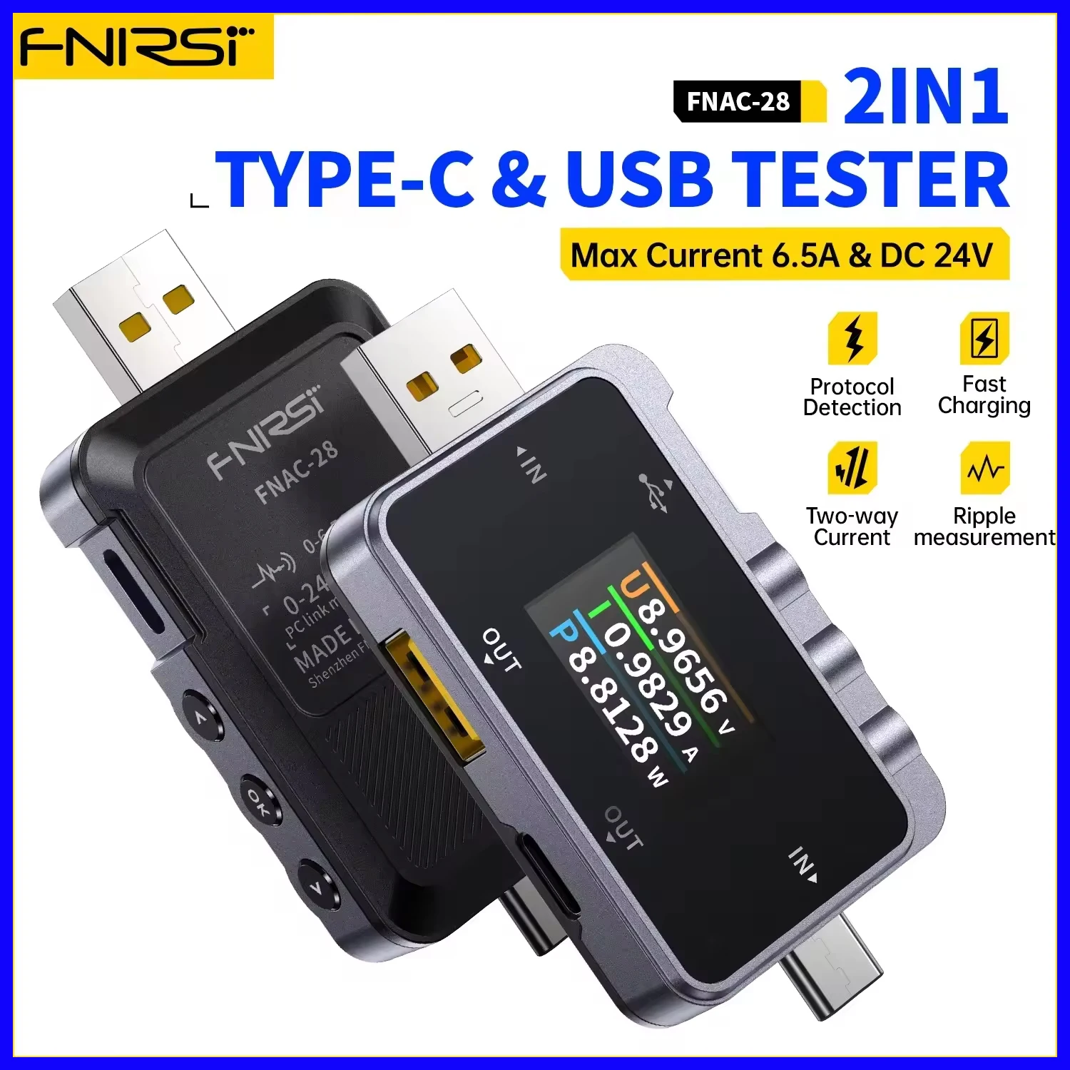 FNIRSI FNAC-28 2 IN 1 타입-C USB 테스터 디지털 볼트미터 암페어미터 전압 전류 측정기 파워뱅크 충전기 측정기