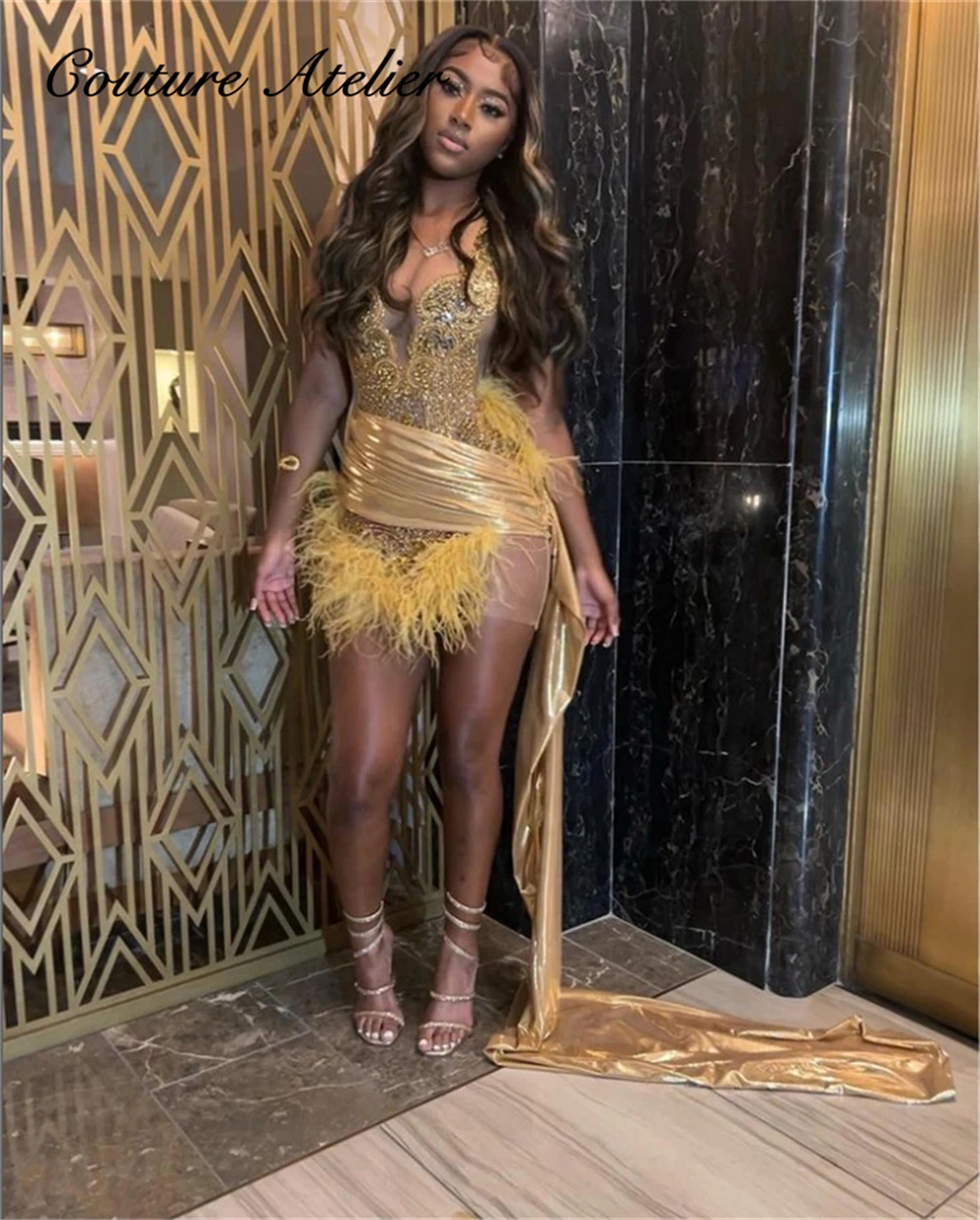 Gold Strapless Bead Crystal Rhinestone Prom Dresses Short Sequin Black Girl main image 1