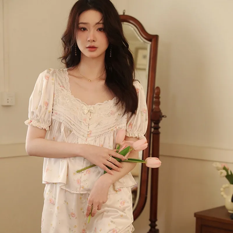 IRENE TINNIE Apricot Printing Pajamas Set Korean Summer New Short Sleeve Leisure Sleepwear Women Loose Nightwear Homewear Suit