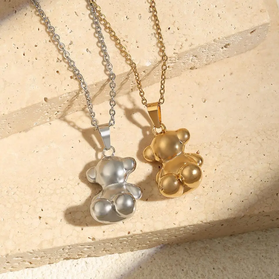 3PCS anime style 3D cute bear earrings necklace set for women stainless steel not fading INS couples gift jewelry
