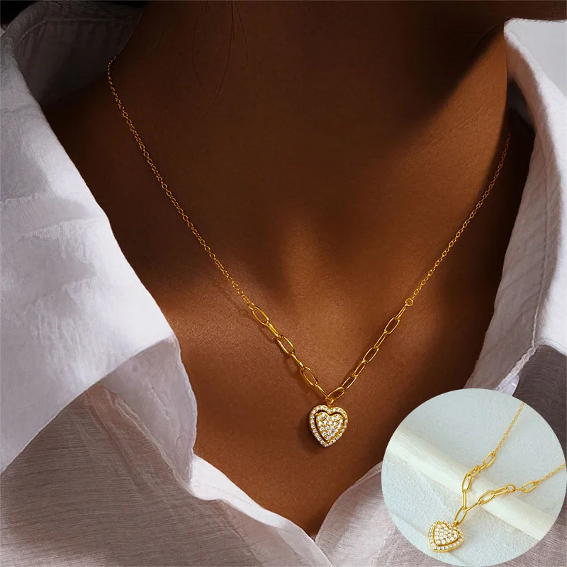 

100% 925 Sterling Silver Zircon Love Heart Necklace for Women Girl Romantic Geometric Design Jewelry Party Gift Dropshipping