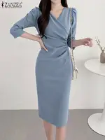 ZANZEA Women’s Elegant Bodycon Party Dress, Sexy V-Neck Knee Length Dress 3/4 Sleeve Ruched Waist, Summer Office Woman Clothes - Image 2