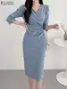 ZANZEA Summer Fashion Womens Dress Sexy Solid Color Knee Length Bodycon Sundress Elegant 3/4 Sleeve V-Neck Work OL Vestidos 2025 2