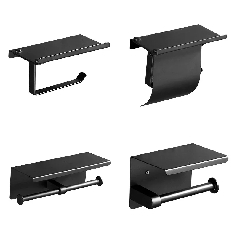 Stainless Steel Toilet Roll Holder Self Adhesive in Bathroom Tissue Paper Holder Black Finish,Easy Installation no Screw