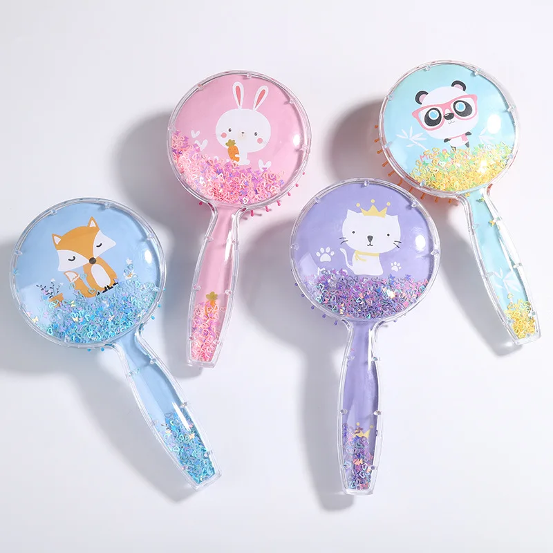 Baby Hair Comb Hair Brush Comb Cute Cartoon Round Shape Sequins Quicksand Anti-knot Combs For Baby Kids Children Air Cushion Massage Comb For Curly Hair