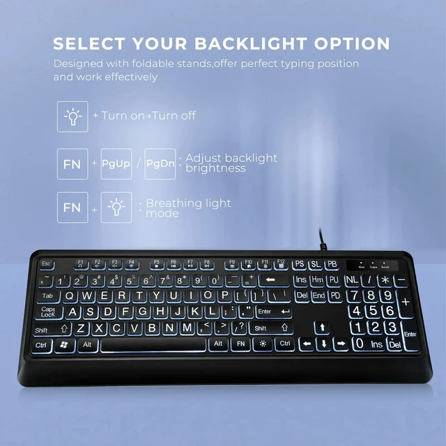 Print Backlit Keyboard Large Wired USB Lighted Computer Keyboard for Seniors and Low for Vision Individuals White Backl - Image 4