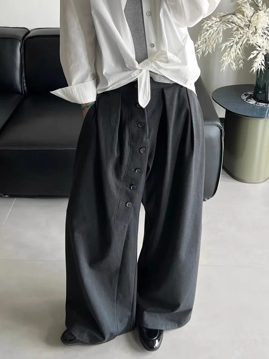 Loose Wide Leg Men's Casual Pants Vintage Drapey Button Design Comfortable Loose Fit Youthful Sle Long Trousers for Autumn