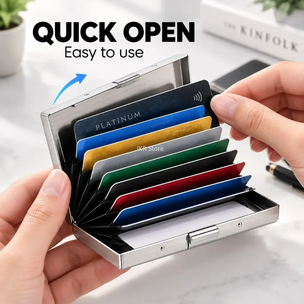 Sleek Stainless Steel RFID Blocking Card Holder - 10 Slot Slim Wallet for Secure Travel Essentials