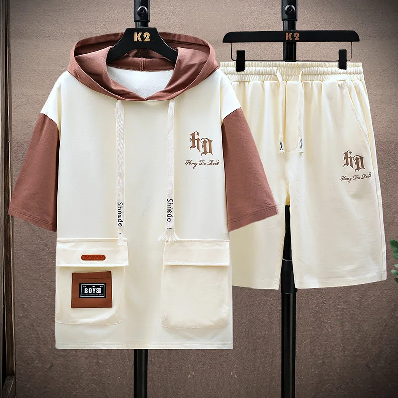 Conjuntos casuales de dos piezas de manga corta de algodón para hombre, camiseta con capucha suelta de verano 2024 y pantalones cortos, chándales, ropa de calle, conjunto de camisetas y pantalones