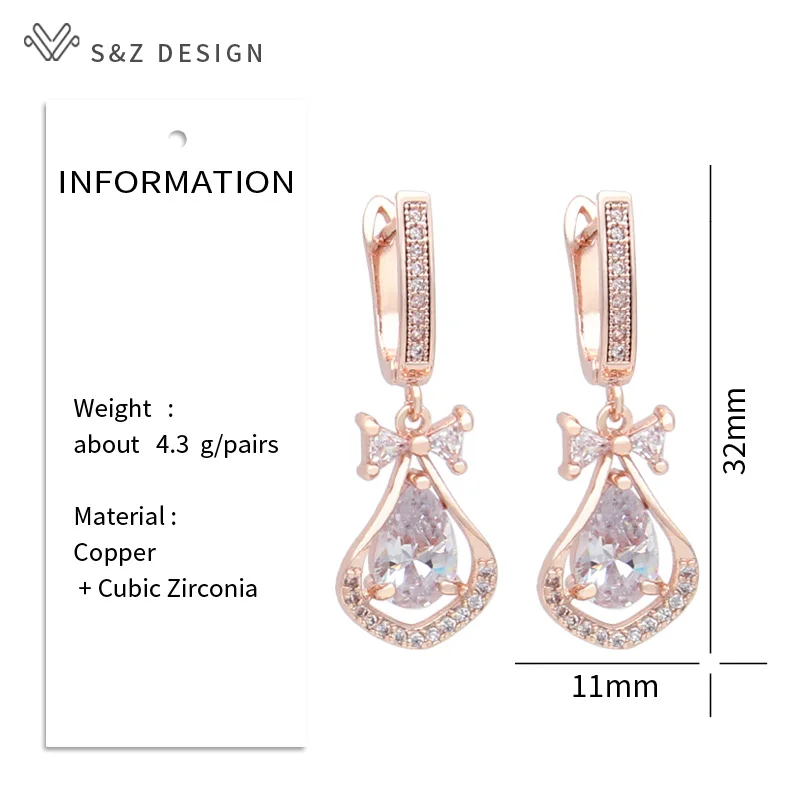 S&Z DESIGN New Fashion Water Drop Cubic Zirconia Bowknot Dangle Earrings For Women Wedding 585 Rose Gold Color Jewelry Gift