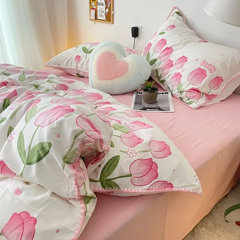 

Spring and Summer Instagram Girl Heart Pink Bed Sheet and Duvet Cover Double Layer Yarn Four piece Set Student Dormitory Washed