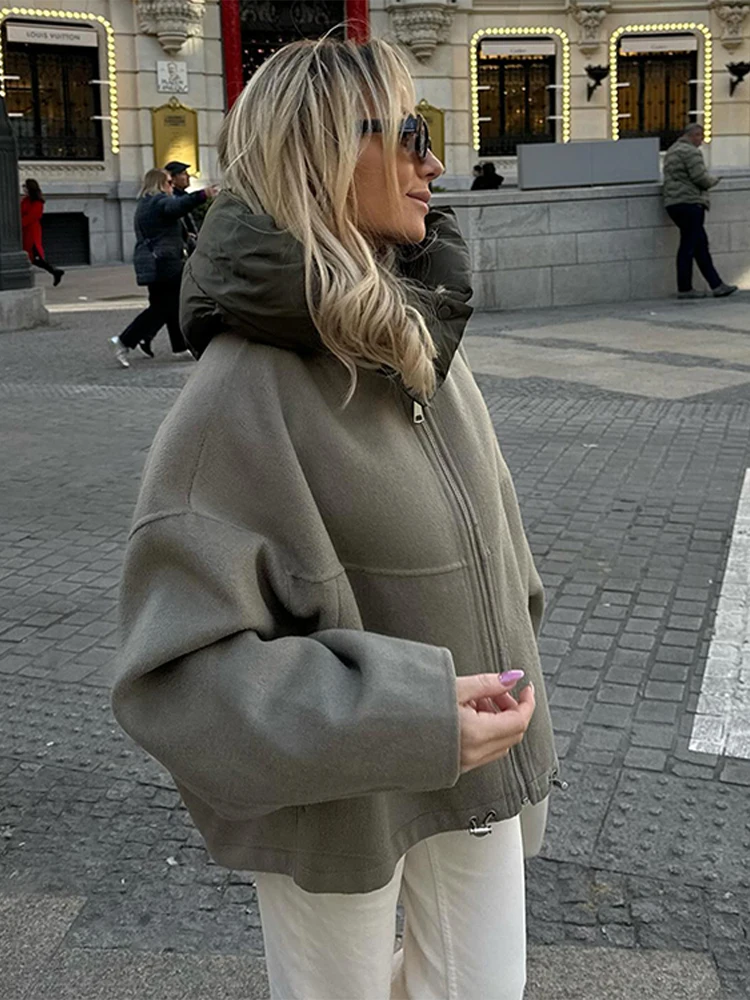 Zipper Panelled Women's Jackets With Hoodies Casual Drawstring Long Sleeved Jacket Female Autumn Winter Short Loose Outwear Tops 5