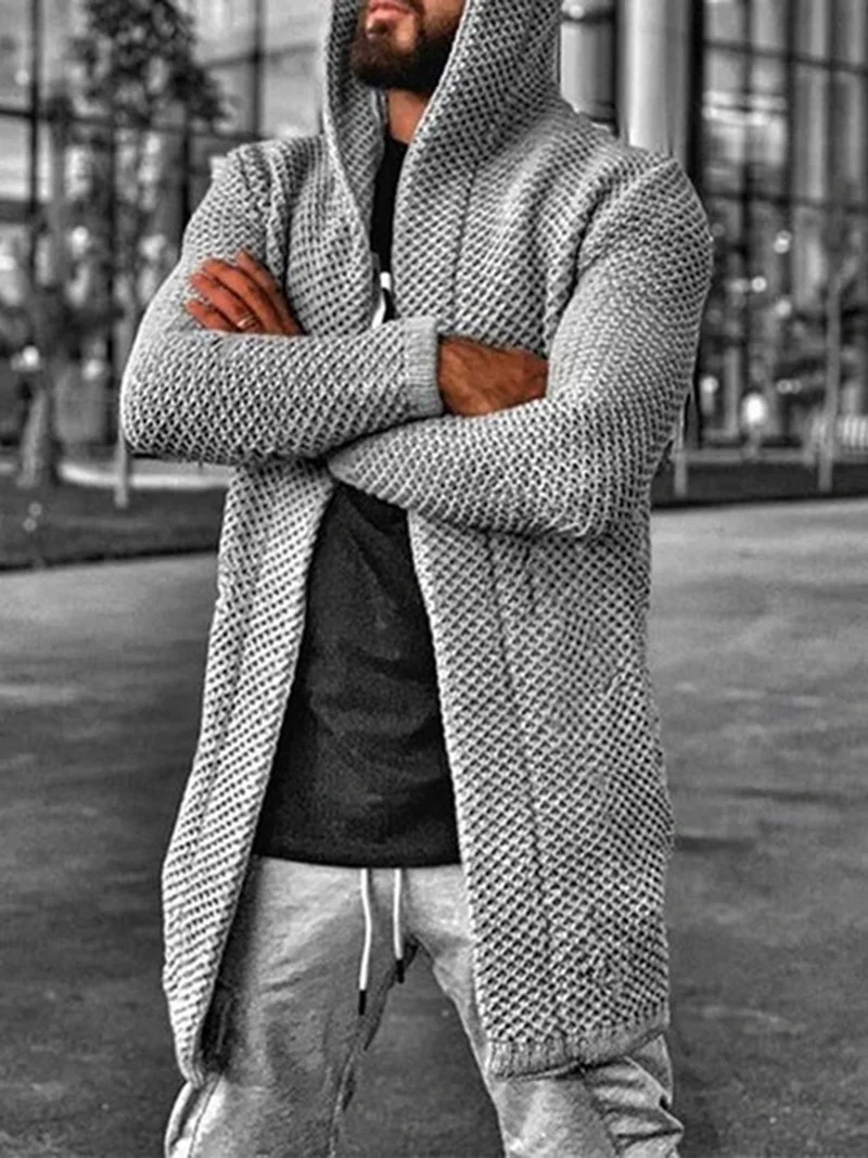 Sweater Cardigan Men Mid Length Hooded 