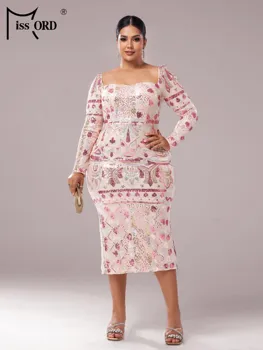 Missord Plus Size Square Neck Long Sleeve Sequin Cocktail Evening Wedding Birthday Party Formal Occasion Graduation Dresses