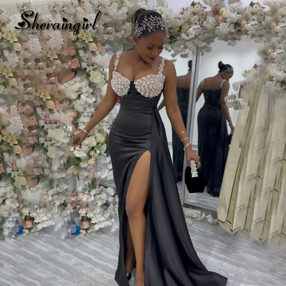 

SHERAIN Classic Pleat Prom Dresses Appliques Spaghetti Straps Brush Train Side Slit Vestidos Elegantes Para Mujeres Customized