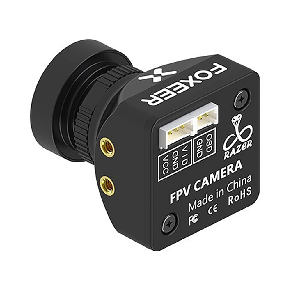 Angle latéral de la caméra FOXEER Razer Mini V3 21mm montrant son boîtier compact et dissipateur thermique